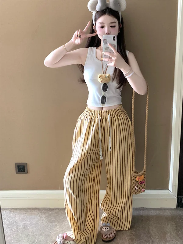 Bequeme Cloud Cotton Sp Hosen Damen Lange Hosen Gestreifte Oberbekleidung Home Kleidung Frühling Sommer Neue Sle Gelbe Streifen