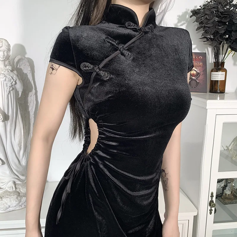 Gaun Gotik Kerah Berdiri Tiongkok Gaun Cheongsam Gaun Qipao Malam Seksi Hem Celah Perban Hitam Wanita Vintage Vestidos Panjang