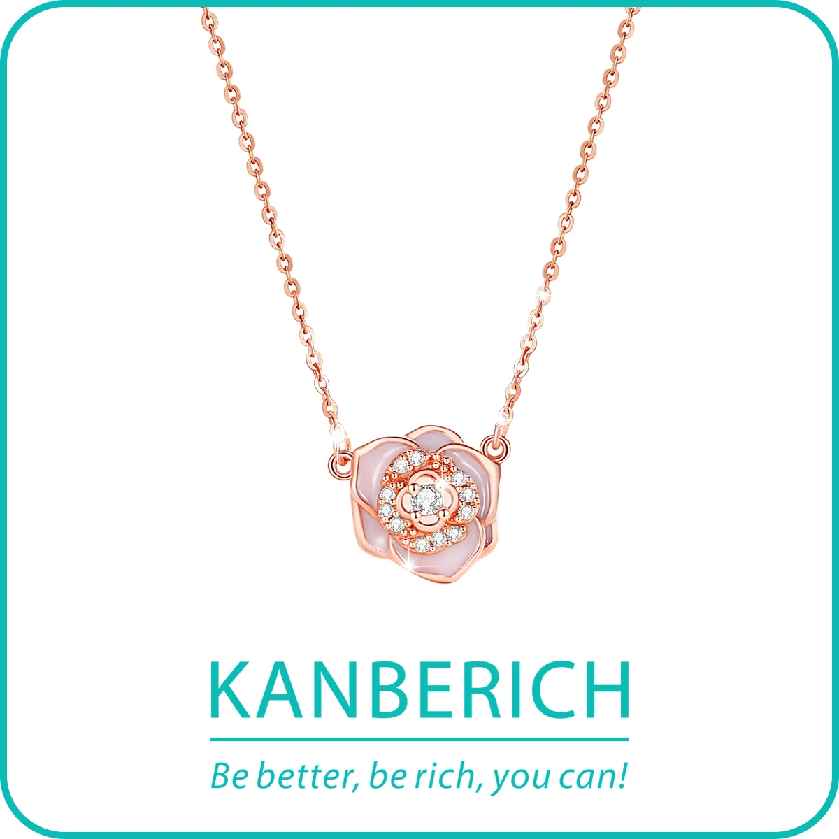 

Kanberich S925 Real Sterling Silver Cubic Zirconia Spring Camellia Pendant Couple Clavicle Chain Necklace