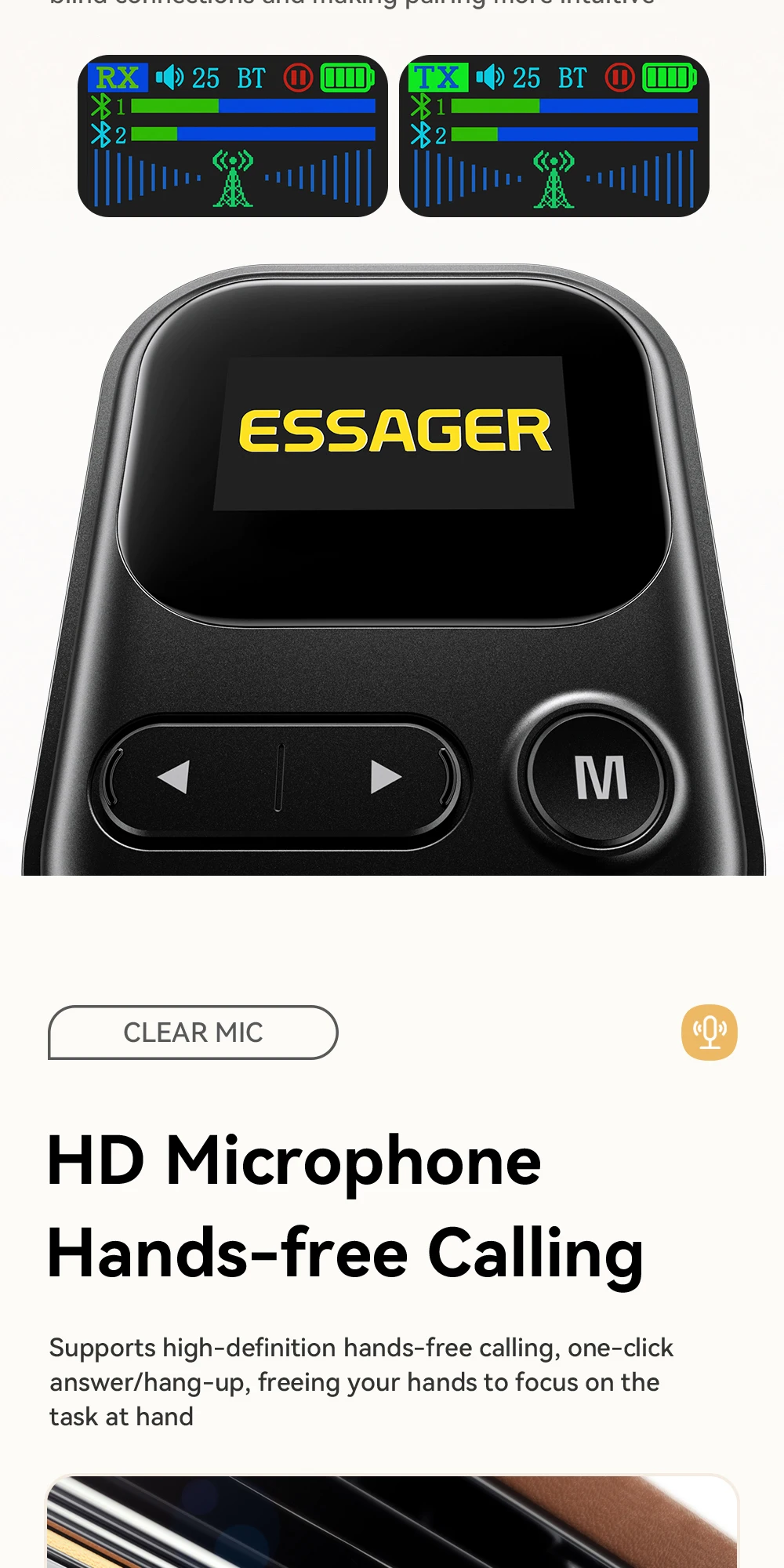 Essager Bluetooth 6.0 Audio-Sender-Empfänger 2 IN 1 RT/TX-Adapter 3,5 mm mit Mikrofon LCD-Display für Lautsprecher, Auto, TV, PC, Flugzeug – Detail 5