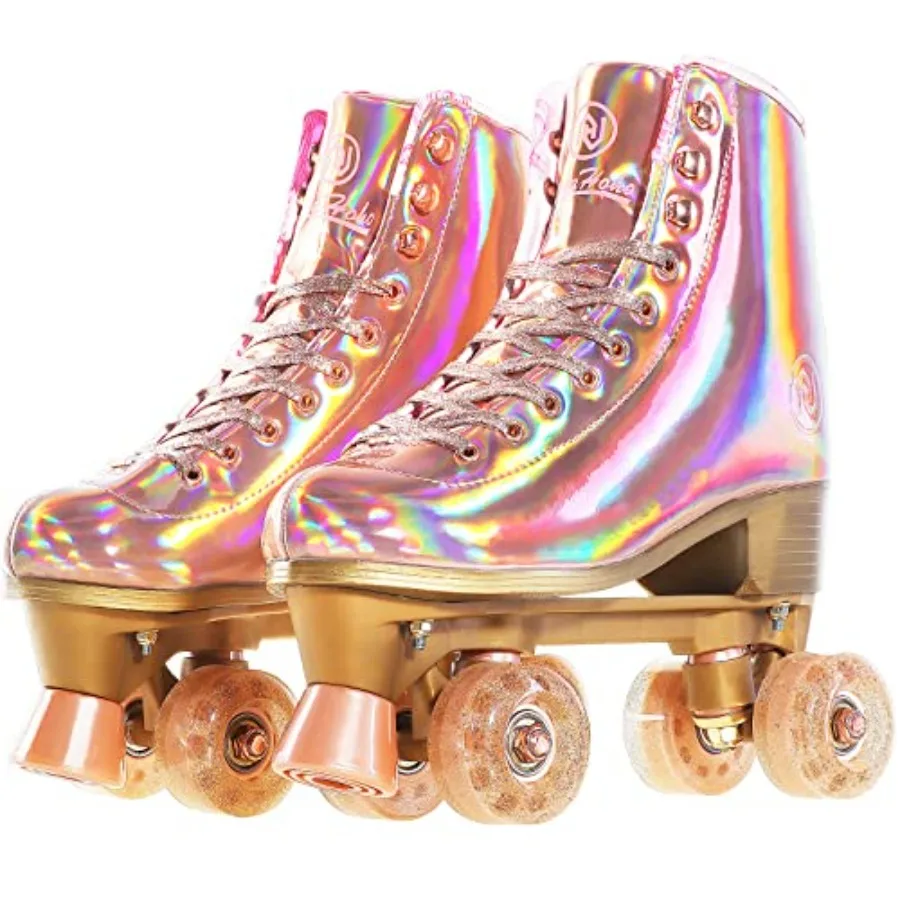 

Roller Skates for Women Holographic High Top PU Leather Rollerskates Shiny Double-Row Four Wheels Quad Skates for Girls and Age