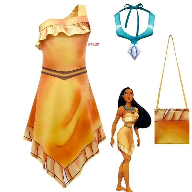 

Halloween Carnival Party Children Pocahontas Cosplay Costume Girls Princess Matoaka Dress Summer Beach Indian Clothing Black Wig