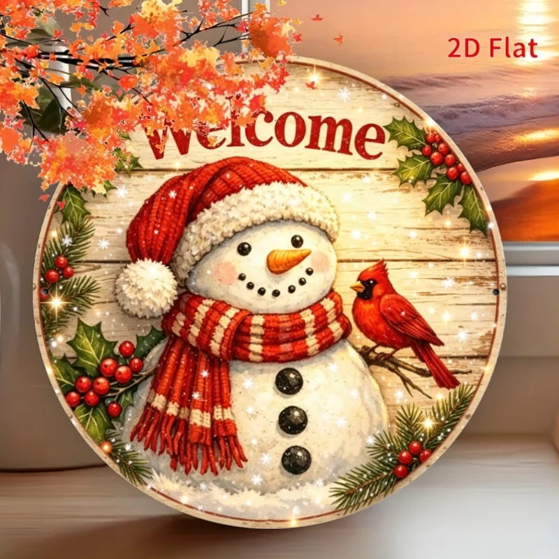 2D Flat - [2Dflat]1pc 20X20Cm- Welcome Round Metal Tin Sign, Snowman Red Cardinal Bird Holly Berry Snowflake Round Metal Wall Pl