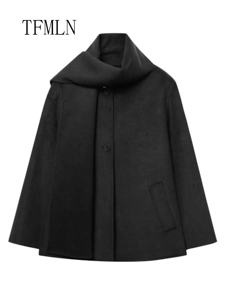 TFMLN 2025 Jesień Zima Damski Płaszcz z Szalowym Kołnierzem Oversize Vintage Długi Rękaw Casualowa Kurtka Jednorzędowa Odzież Wierzchnia w Stylu High Street