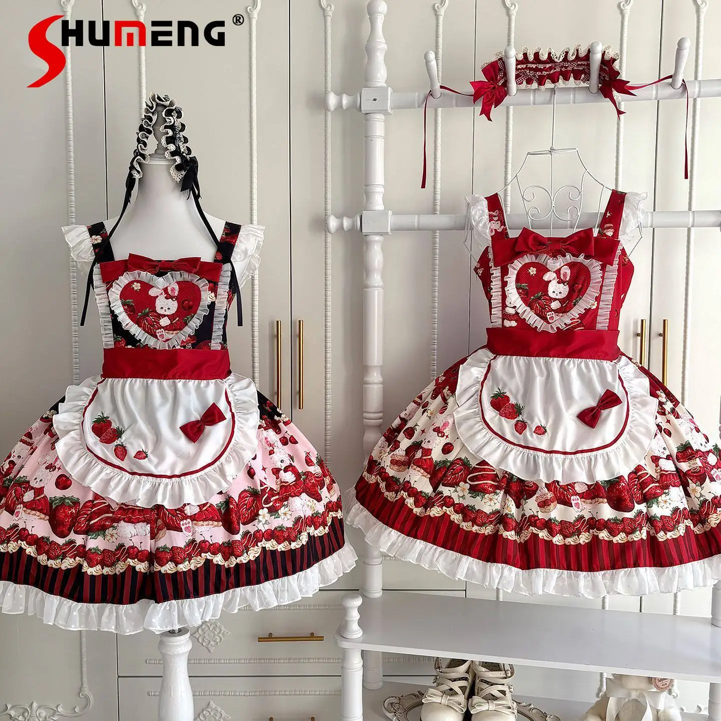 

Клубничное платье JSK: Оригинальный японский комплект Лолита с красным платьем и фартуком, летний милый повседневный наряд без рукавов для девочек, образ горничной