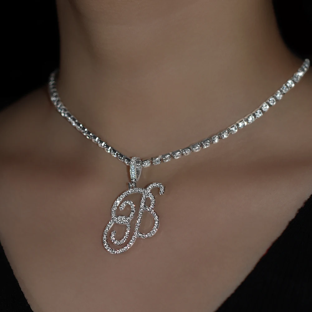 Flatfoosie Mode A-Z Cursive Brief Kristall Kette Halskette Für Frauen Bling Iced Out Initial Anhänger Halskette Hip Hop Schmuck – Detail 3