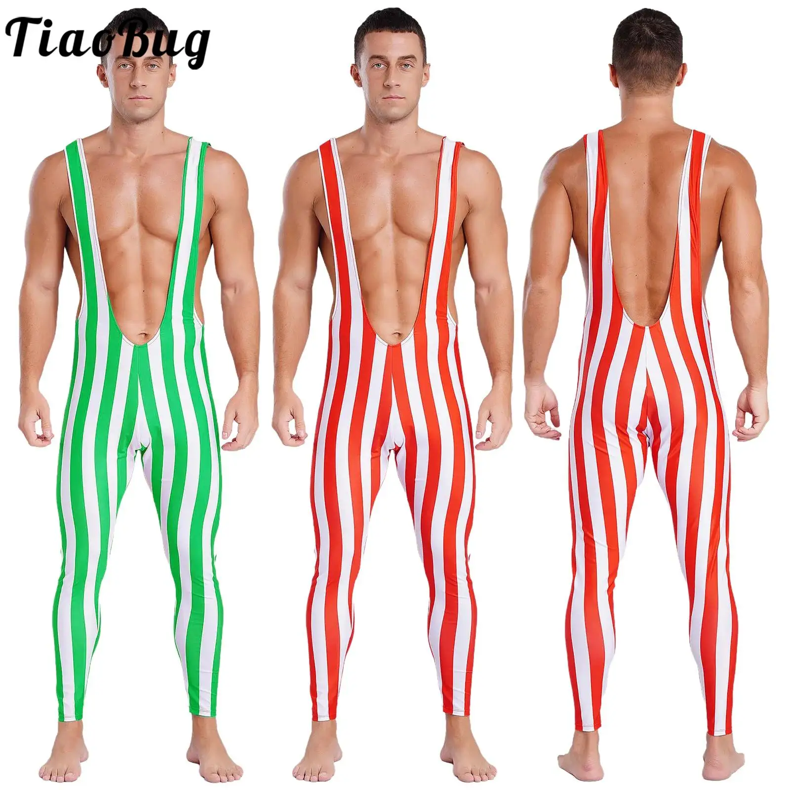 Mannen Kerst Gestreepte Print Kerstman Jumpsuit Diepe U Hals Mouwloos Spier Worstelen Singlets Een Stuk Rompertjes Prestaties Kostuum