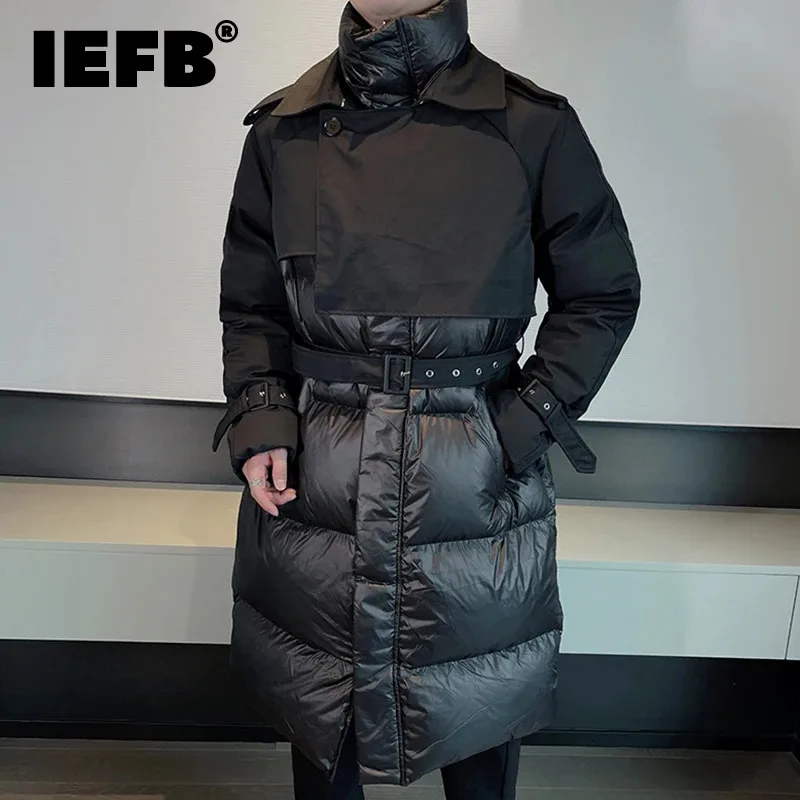 IEFB Patchwork Men's Down Jackets Stand Collar Knee Length Buckle Design Male Cotton Coats Thickened Outerwear Winter New 9C4100