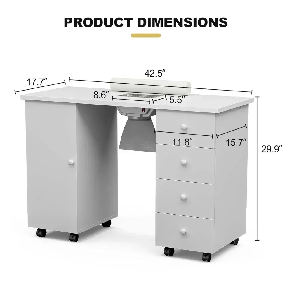 Manicure Table Nail Station, Nail Desk Workstation Nail Art Equipment w/Electric Downdraft Vent, Wrist Cushion, Lockable Wheels