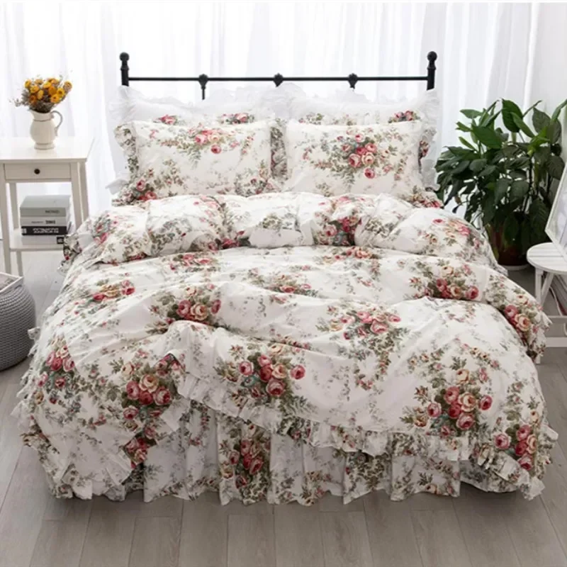 Garden Flower Print King Size Bedding Set Ruffle Duvet Cover Bed Sheet Princess Bed Linens Bedding Set Queen Comforter Sets