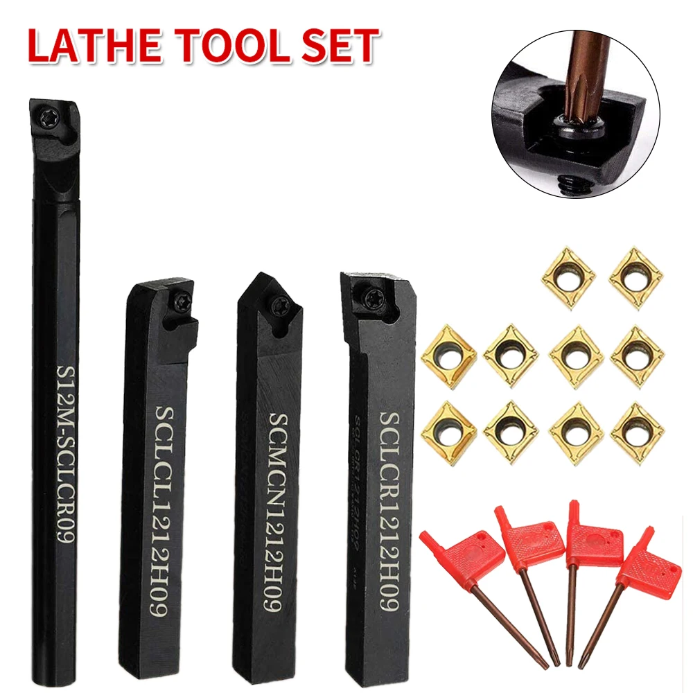 Lathe Boring Bar Turning Tool Holder Set Carbide Inserts Lathe tool box 4 pieces+10 hard alloy blades CCMT09T304+T15 wrench -1