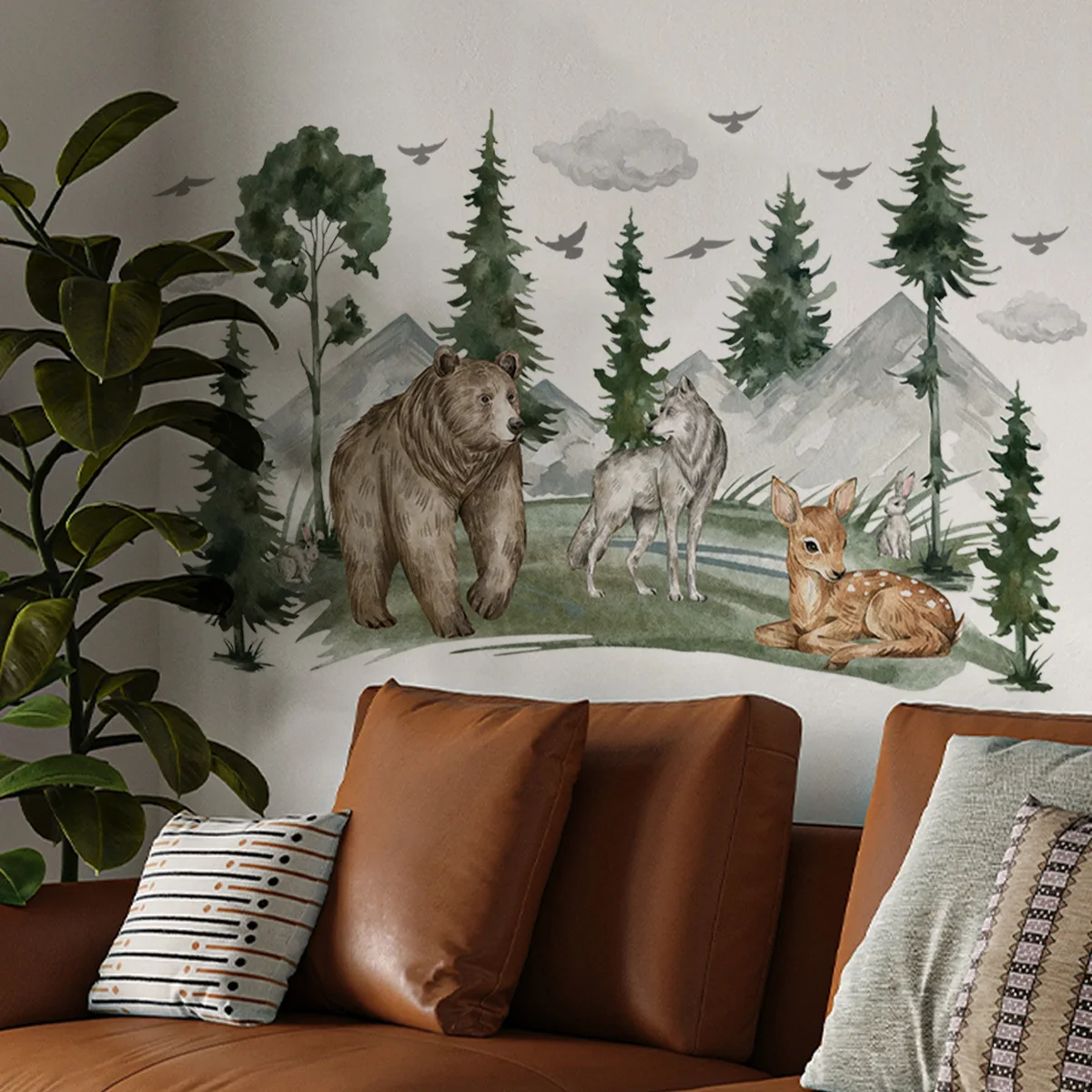 Pegatinas de pared de animales del bosque para decoración del hogar, papel tapiz creativo de dibujos animados para sala de estar y dormitorio, 2