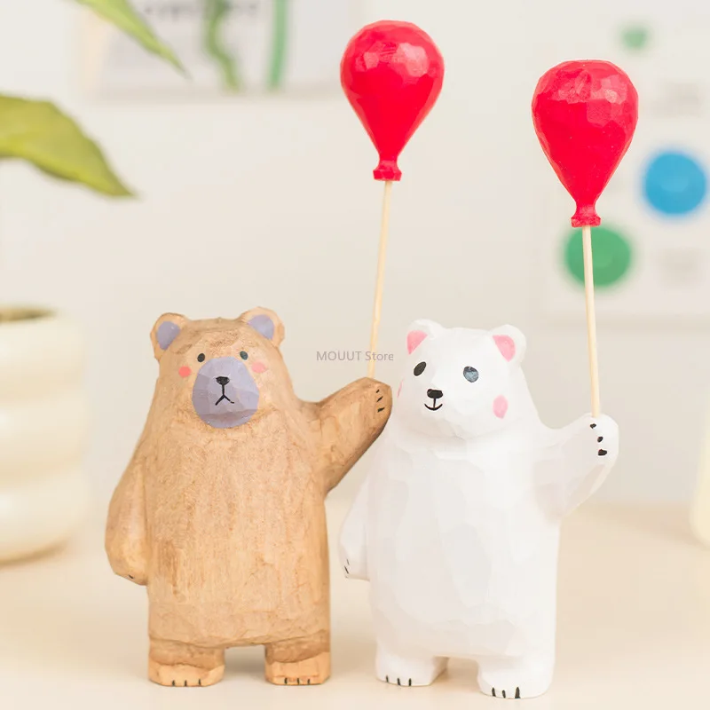 Wooden Crafts Desk Decor Hand-Carved Cute Wooden White Brown Bear with Balloon SculptureCreative Home Decor, Wooden Craft Gift