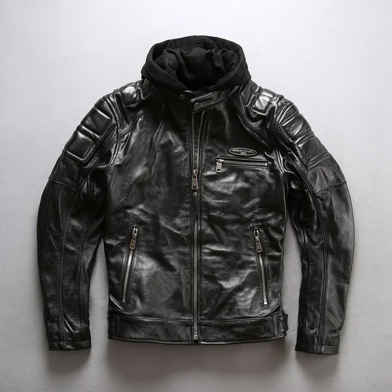 A detachable hooded leather for men with stand-up collar and luminous skull layer made of cowhide
