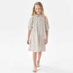 kids girls embroidery brown floral print summer cotton flare dress children girl fashion cotton lining 3/4 sleeve flower dresses