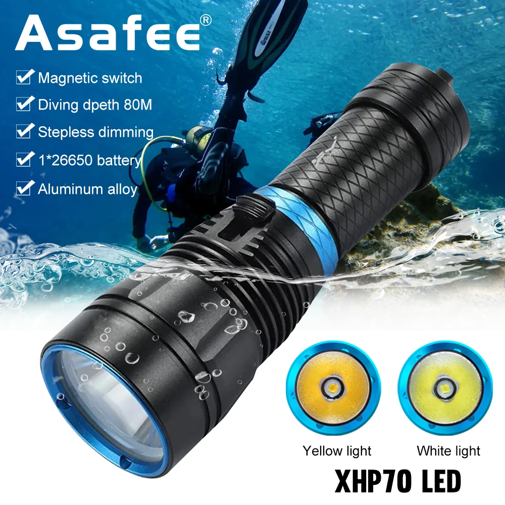 Asafee Diving Flashlight XHP70 LED Dive Lantern Underwater Canister Magnetic Switch Torch Waterproof SOS Light Scuba Lamp