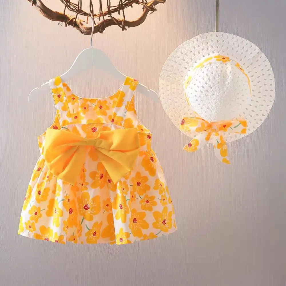 

Elegant Bowknot Baby Girl Princess Dress Cotton Summer Floral Dress with Hat Sleeveless Sweet Kids Flower Dress Summer