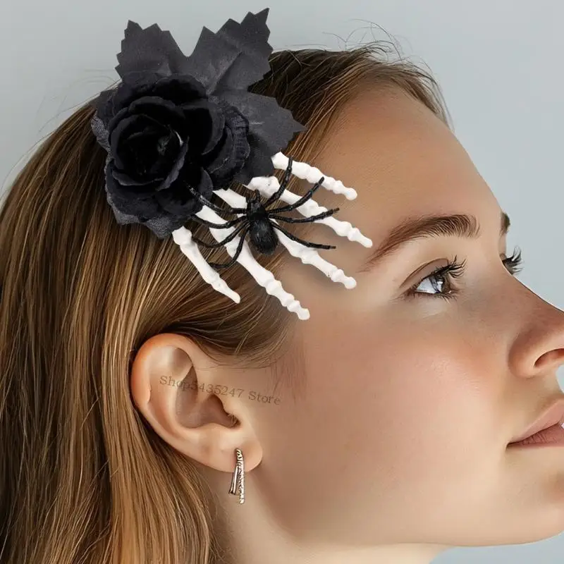 

Gothic Halloween Hairpin Bone Hand Design With Black Roses And Plastic Spiders Decoration For Adult Cosplay