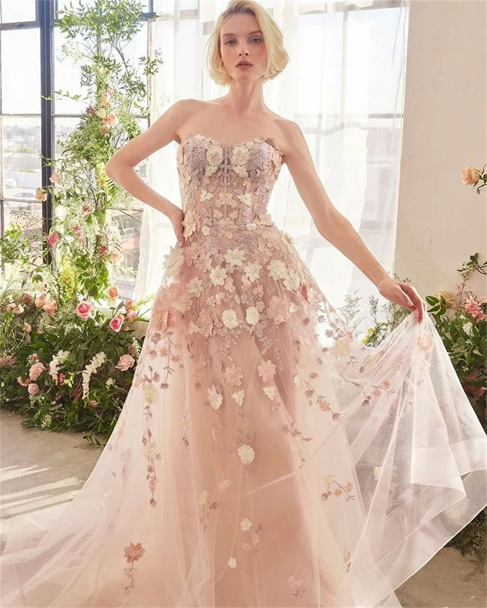 Kyoto Pas Roze Strapless Applicaties Trouwjurk A-lijn Prinses vestidos de novia Zip Terug Sweep Trein Avondjurken