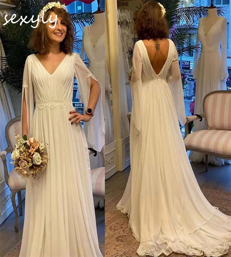 

Civil Beach Chiffon Wedding Dress 2024 With Sleeves Gatsby Boho Fairy Bride Dress Sexy V Neck Backless Elegant Bridal Gowns