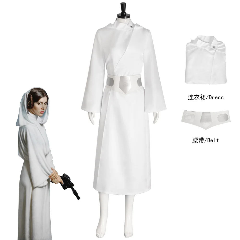 Disfraz de princesa Leia para fiesta de Halloween, disfraz de estrella de batalla espacial Leia, vestido blanco con cinturón para mujer, traje clásico de juego de rol