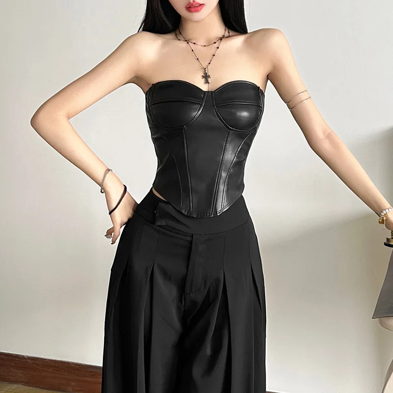 

American style autumn and winte clothing solid color Tailored Cut street fashion one-word collar chest-wrapped backless vest