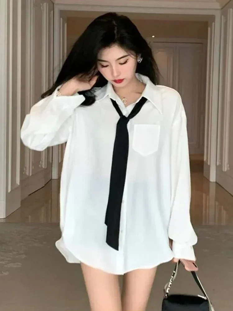 2025 moda solta gravata camisa branca feminina casual coreano blusa de manga longa primavera nova feminina todos os jogos turn down collar chiques topos