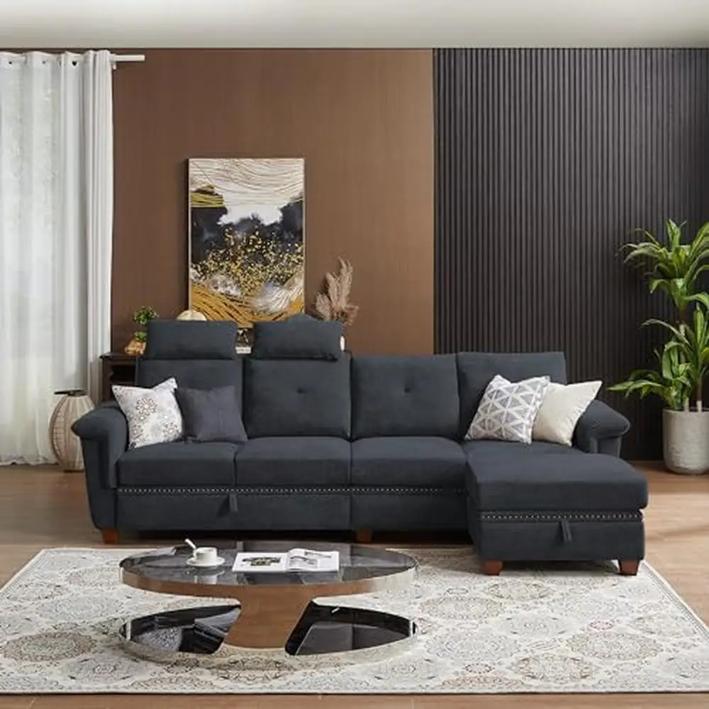 Living Room Sectional Couch L-Shaped Sofa Convertible Modular with Storage Chaise & Cup Holders Dark Grey Microfiber Fabric Seat