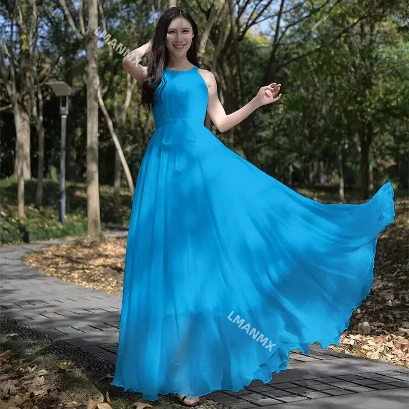 New Summer Chiffon Extra Long Large Swing Dress Women Solid Chiffon Beach Dress Summer Bohemian Maxi Dress Ladies Party Vestidos