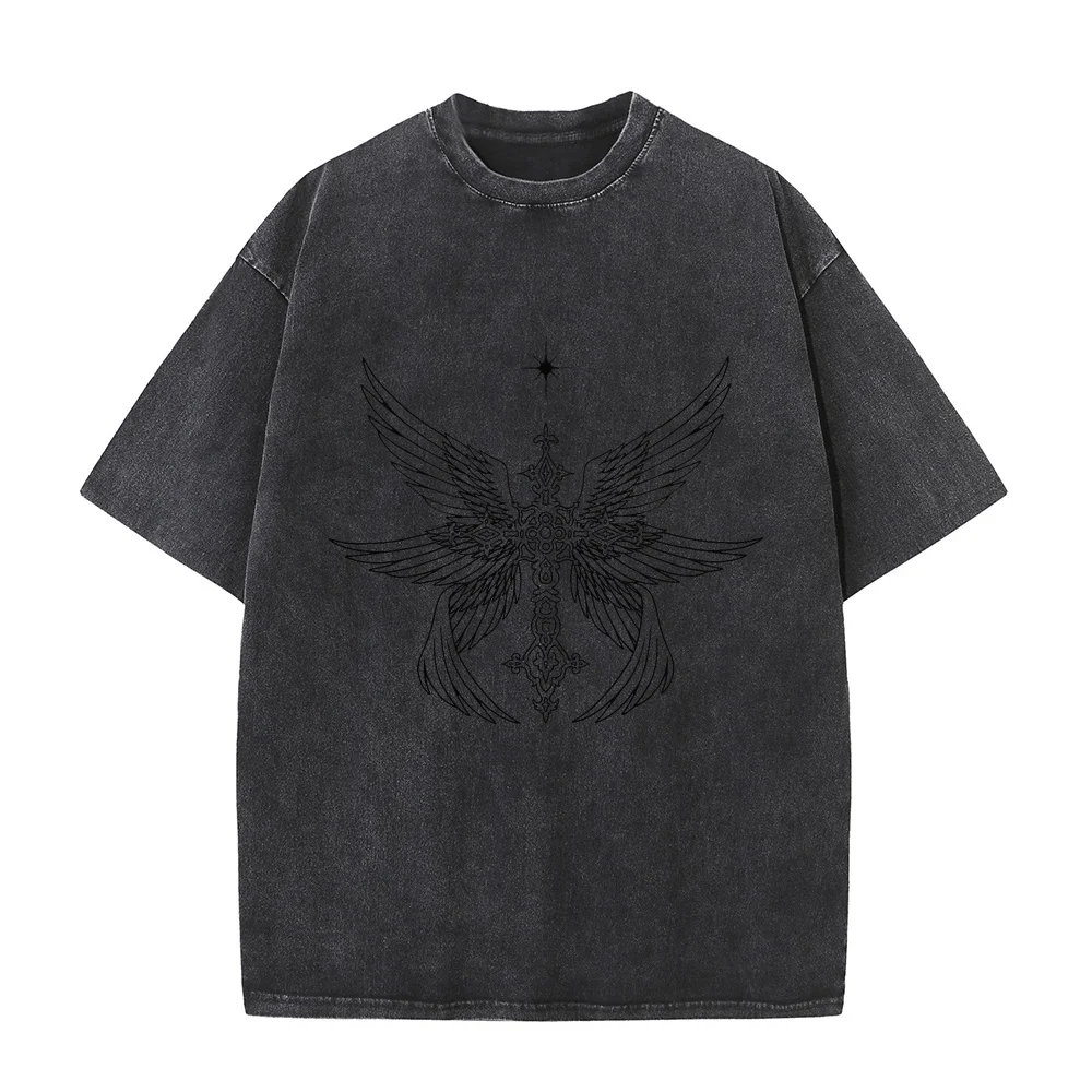 Men's T-Shirts Goth Emo Alt Biblically Accurate Archangel Wings Cross Printing Adult Heavyweight T-Shirt New Shirts Summer Tee