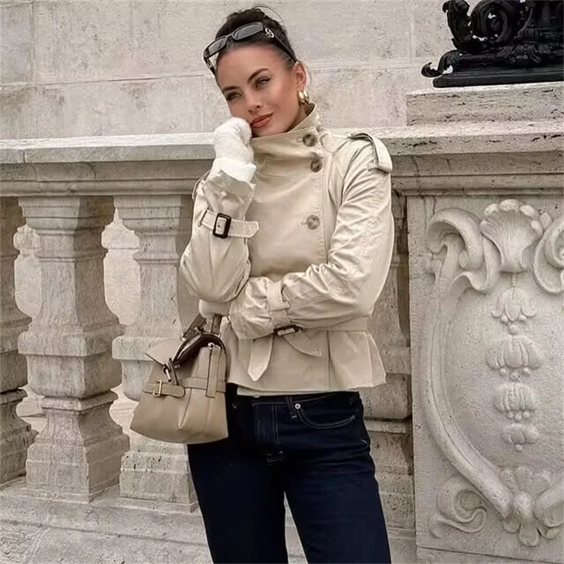 Damen-Trenchcoat, neu für den Herbst 2022, einfarbig, langärmelig, zweireihig, mit Taillenband, kurzer Trenchcoat, Jacke, britisch