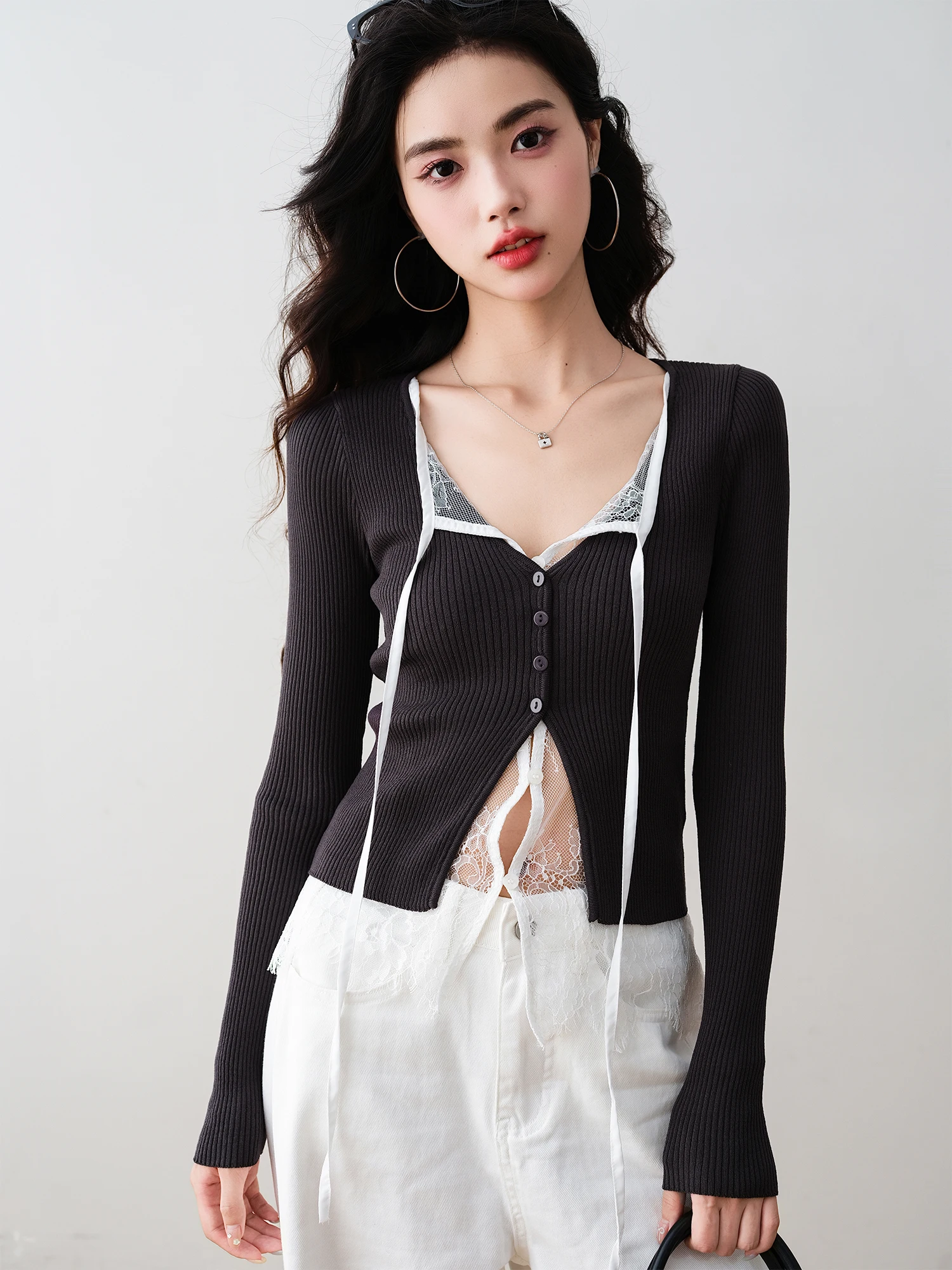 

Ronron Pure Desire Lace Splice Knitted irt V-ne Slim Fit Fake Two-Piece ort Length Polyester And Viscose Fiber Women's ...