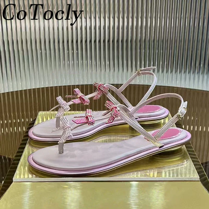 

New Sweet Butterfly-knot Sandals For Women Ankle Buckle Strap Party Shoes Flip Flop Summer Satin Rhinestone Flat Sandals Woman