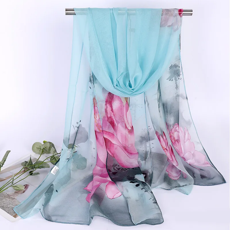 Watercolor Lotus Chiffon Scarf for Women Elegant Floral Print Long Shawl Wrap, Lightweight Georgette Silk Feel Scarves view 3