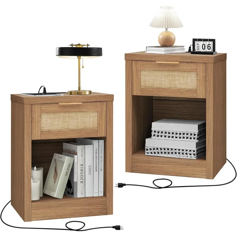 Nightstand Set of 2, Rattan Night Stand with Type-C Charging Station, Bedside Table with Drawer, Side Table End Accent