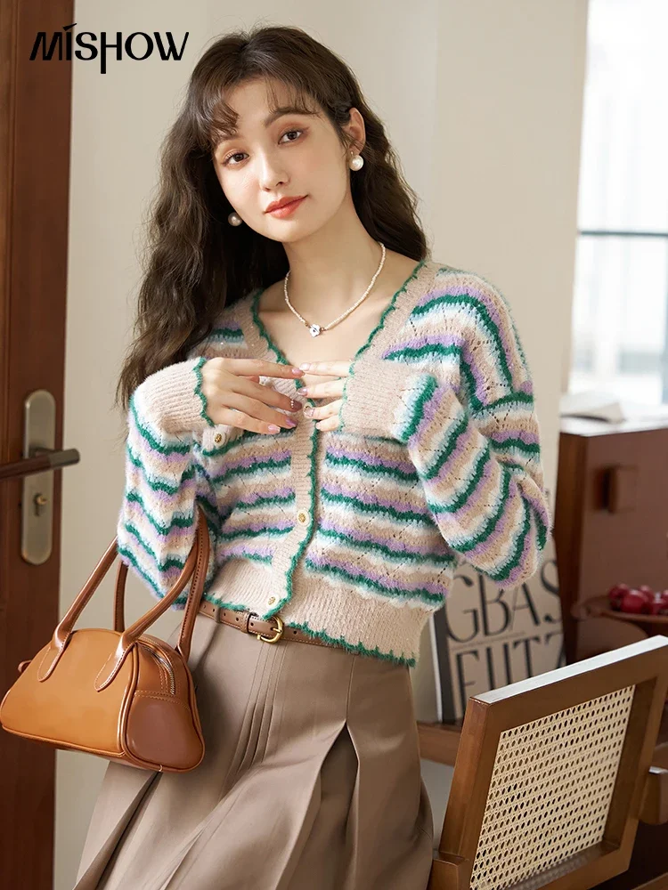 MISHOW Women\'s Contrast Color Striped Short Sweater 2023 Autumn V Neck Knitted Cardigan Button Office Lady Crop Tops MXC45Z0226