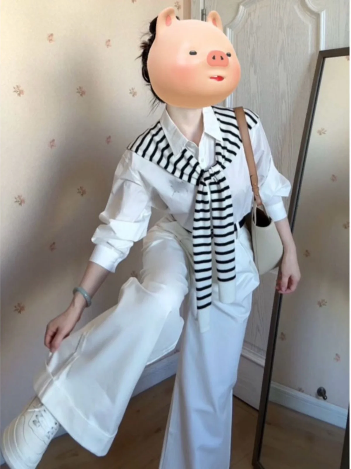 

Модный комплект в корейском стиле: полосатая рубашка-шаль, широкие брюки и рубашка на пуговицах из хлопка – осенний повседневный комфортный комплект из трех предметов