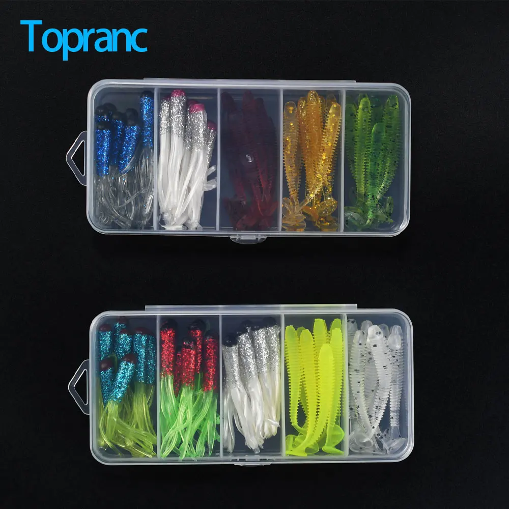 Topranc Soft Lure Set A&B Styles Paddle Tail Tube Worm Silicone Swim Bait Box For Lake River Bass Trout Angling Accessories