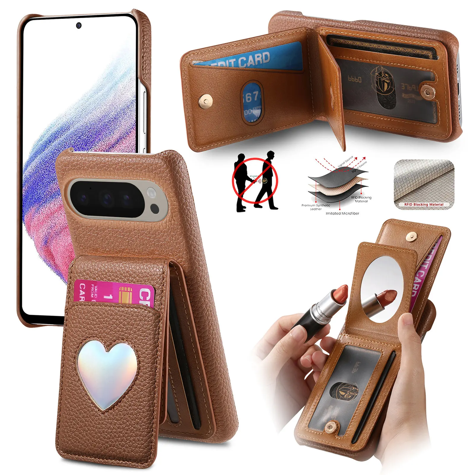 ライチ柄 ハート型ミラー付き スマホホルダー 財布型 レザーケース Google Pixel 10 Pro XL 9A 9 8 8A用 耐衝撃 スリムカバー