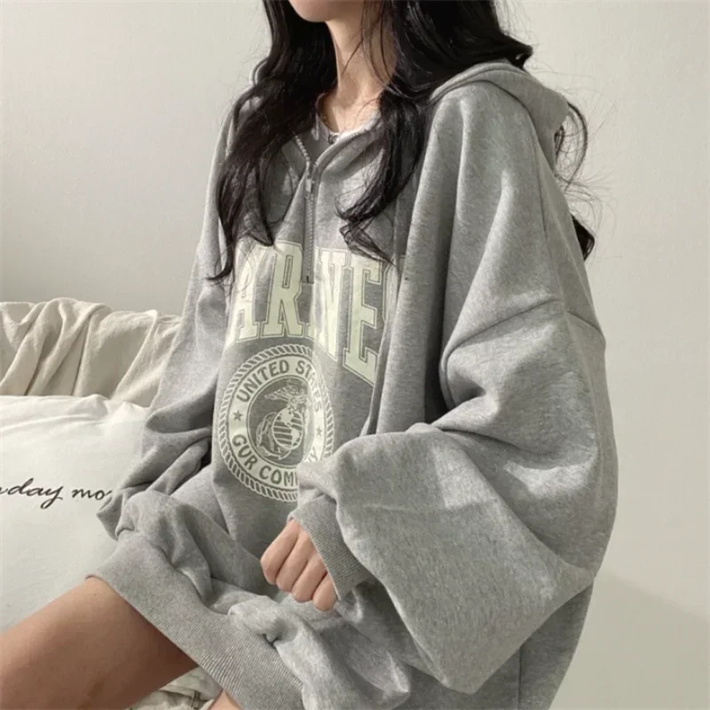 Spring Autumn Korean Harajuku Oversized Zip Up Hoodies Women Fashion Letter Print Casual Loose Sweatshirts Y2k Streetwear Women