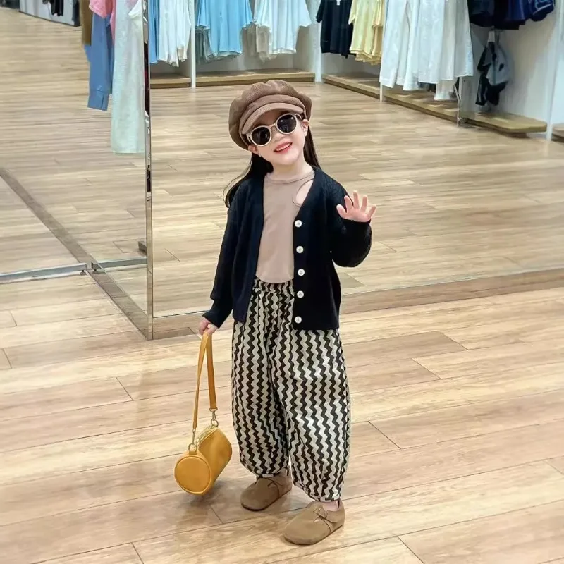 2025 Autumn and Spring Baby Girl New Style Fashion and Simple Black Sweater Coat Base Clothes and Loose Pants Kids Suit
