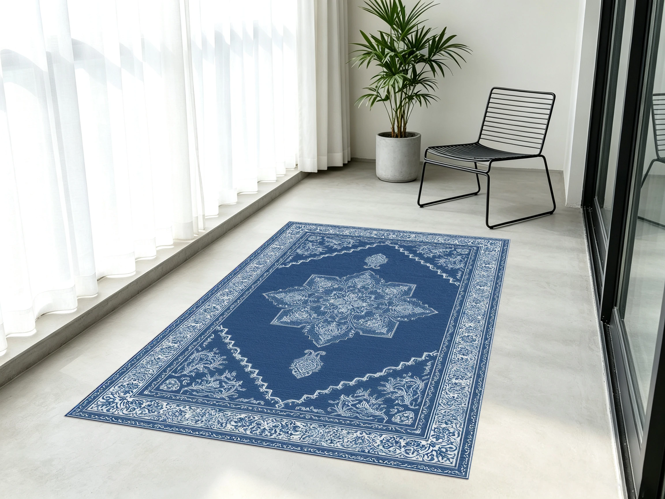 2D Velvet Rug, Navy Blue, European Retro Pattern, Soft & Skin-Friendly, Suitable for Living Room & Bedroom, Enhancing the Ambiance