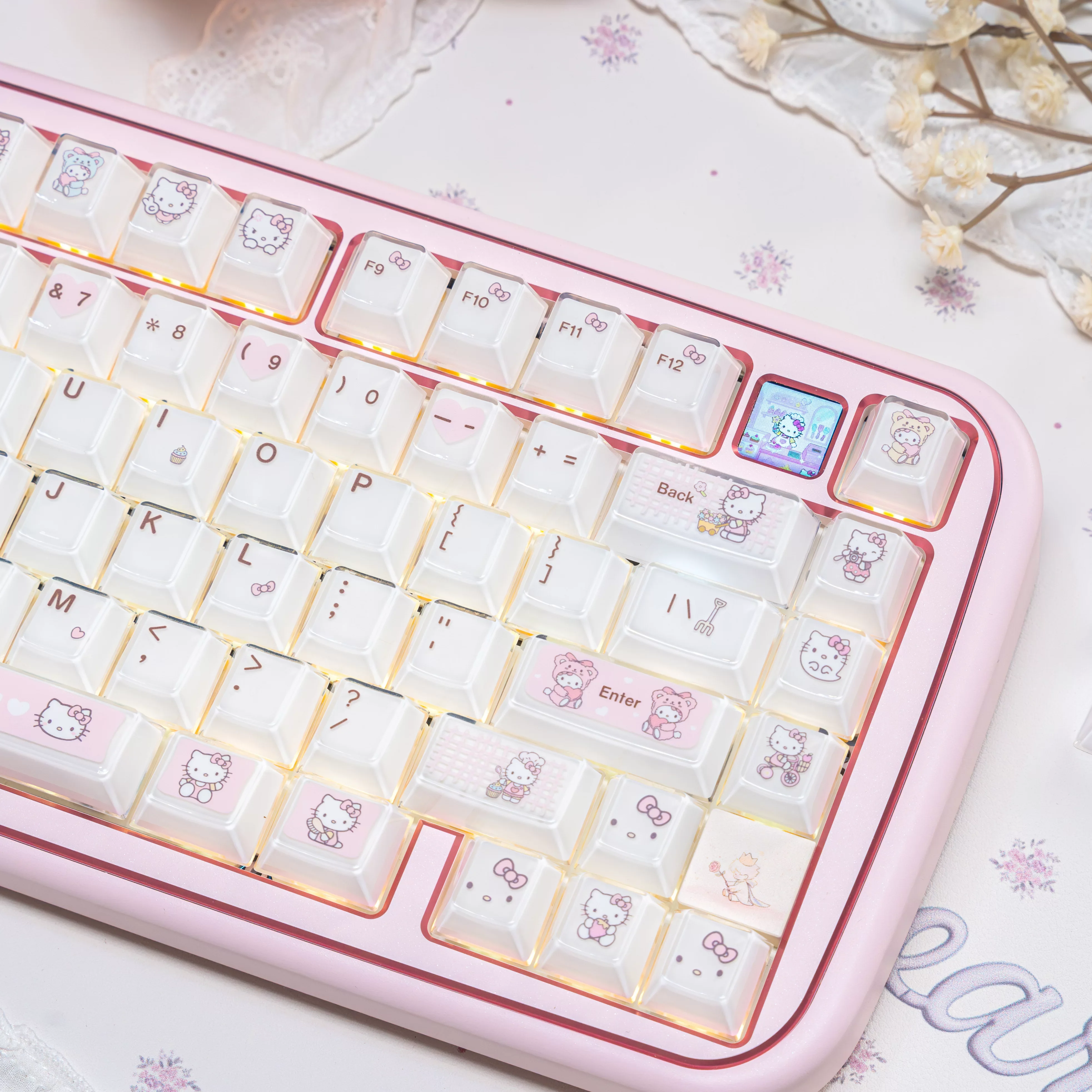 Kawaii Cute Sanrio Hello Kitty Crystal Keycaps Cherry Profile PBT+PC Double-shot Pink Keycap for MX Switches Mechanical Keyboard