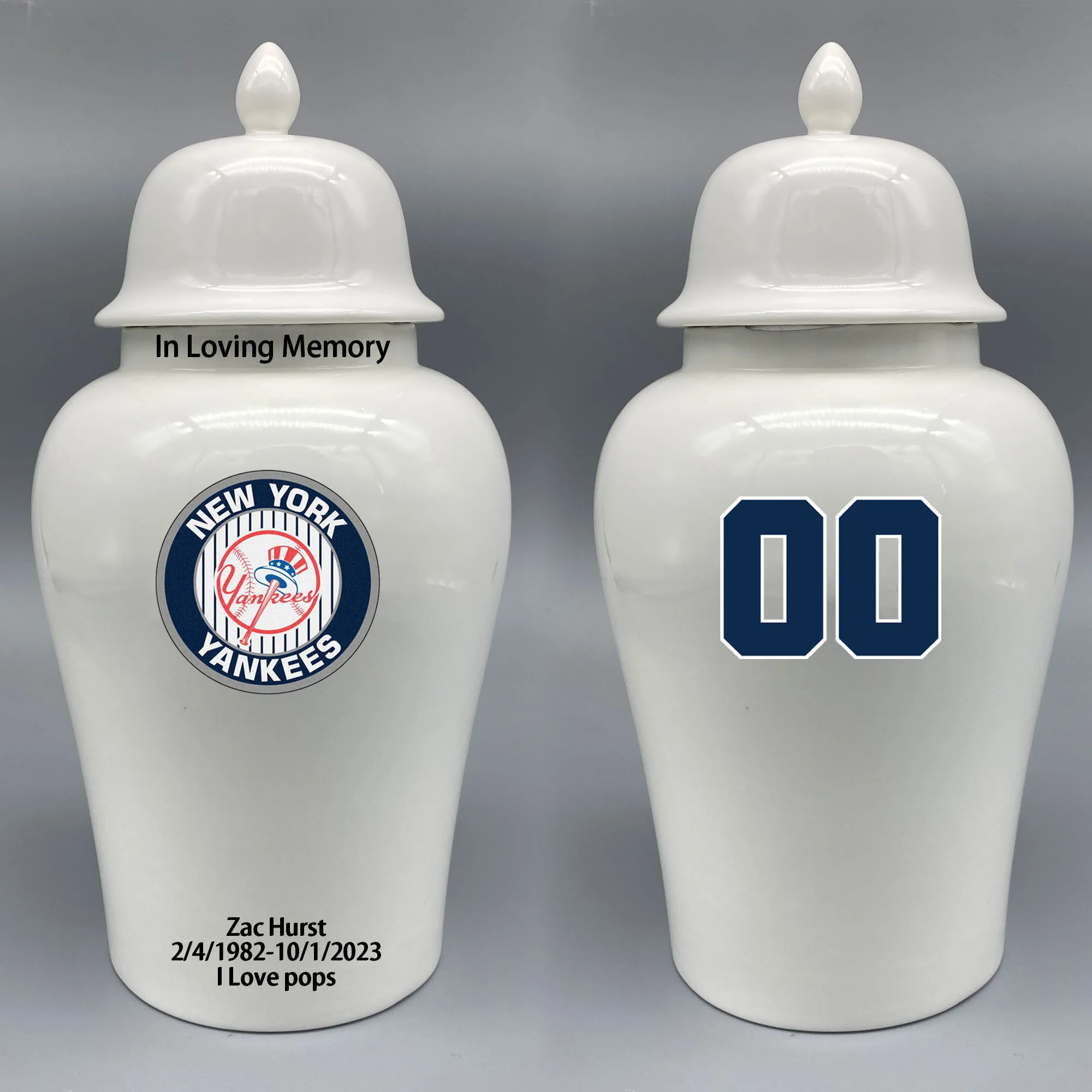 

Large Urn for New York Yankees-themed Logo Urn.Please send me the customize information-name/date and number on the urn