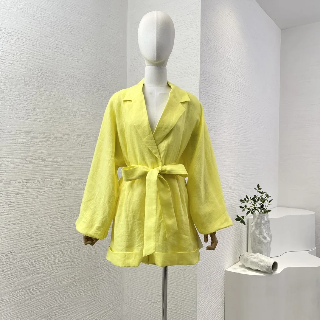 Women Yellow Wrap Mini Jumpsuit Long Sleeve Turn Down Collar Self Bow Tie Waist High Quality Linen Casual Playsuit 2024 Summer