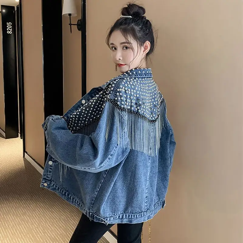 Damska kurtka dżinsowa 2024 New Spring Autumn Beading Tassel Streetwear Casual Denim Jacket High Street Korean Fringe Loose Coat 3XL