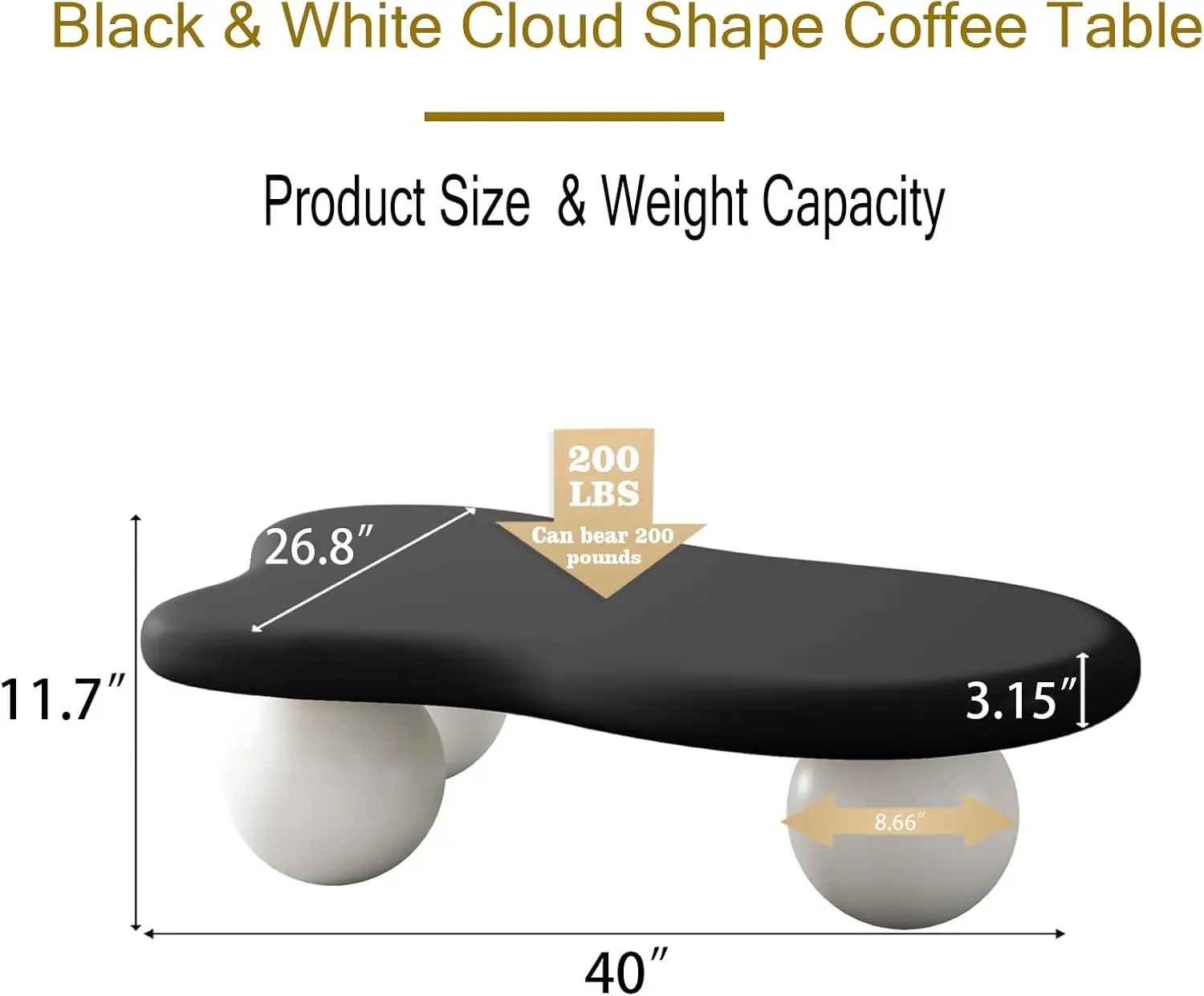 40” Black & White Modern Cloud-Shaped Coffee Table - Irregular Entertainment Center Table with Round Edges