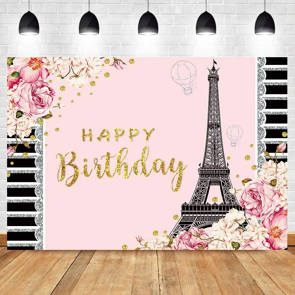 Paris Eiffel Tower Photography Backdrop Happy Birthday Party Pink Flower Black White Stripes Girl Decor Collection Background