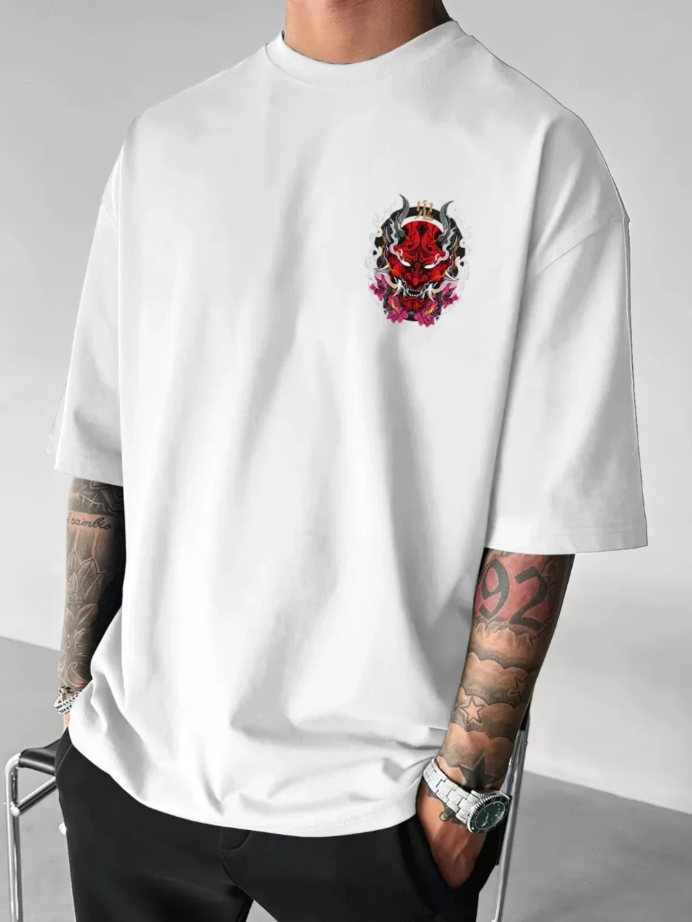 Japanisches Dämonen-Oni-Maskenmuster, 3D-Druck, atmungsaktiv, schnell trocknend, großes T-Shirt für Herren, Outdoor, Freizeit, Sport, Eltern-Kind-Kleidung – Detail 6