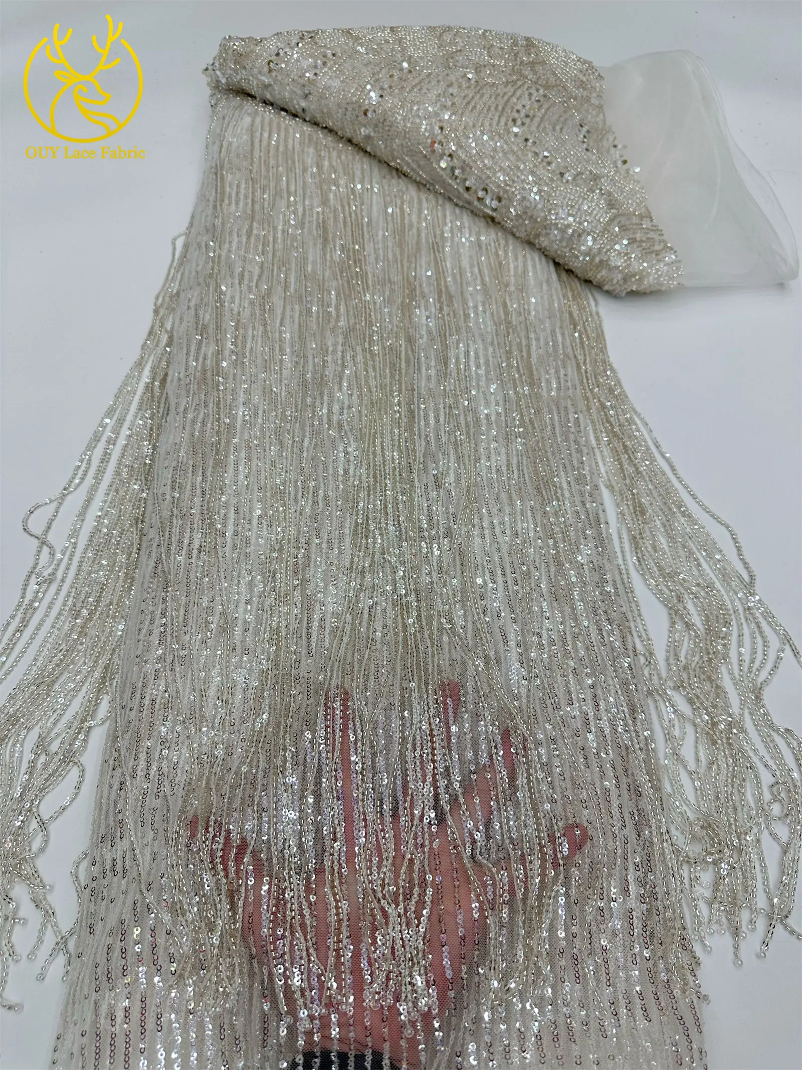 Goldener Afrikanischer Nigerianischer 3D-Perlen-Spitzenstoff 5 Yards Französischer Pailletten-Tüll Stickerei-Kleiderstoff für Damen Party Hochzeit Kleid Nähen – Detail 13